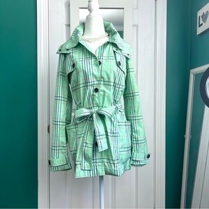 Cartonnier by Anthropologie Green Plaid Hooded Trench Coat Medium